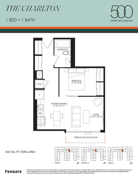 Floor plan for 1 bed, 1 bath, 545 sqft